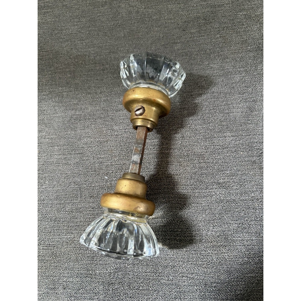 Vintage Door Knob Clear Glass Crystal 12 Point set w/ Brass Spindle